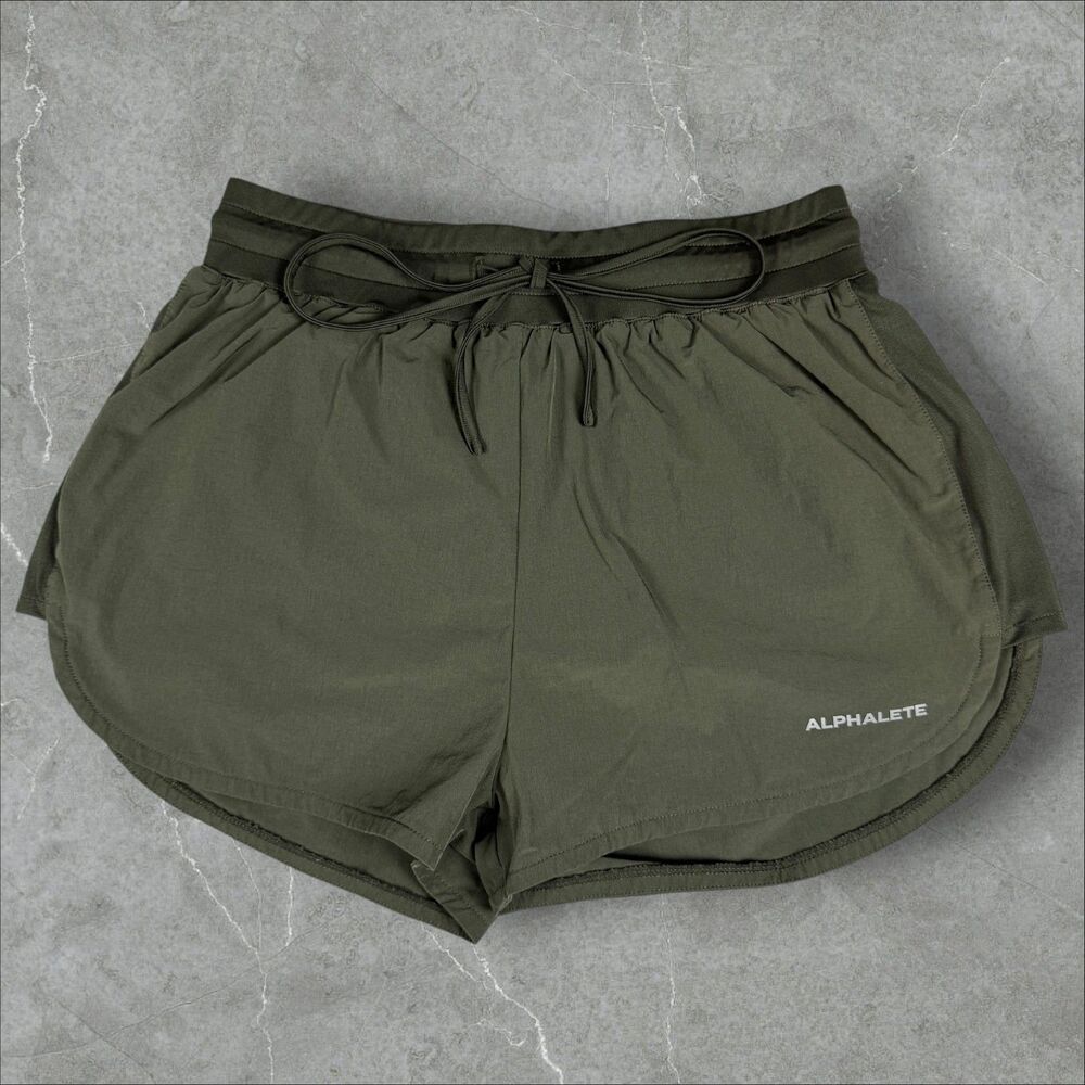 Women's Loose Fit Alphalete Olive Green Vented Workout Gym Essential Shorts - S